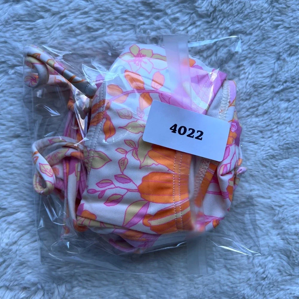 Ninety-Nine Retro Floral Side Tie Hipster Bikini Bottoms Pink Orange Large NWT